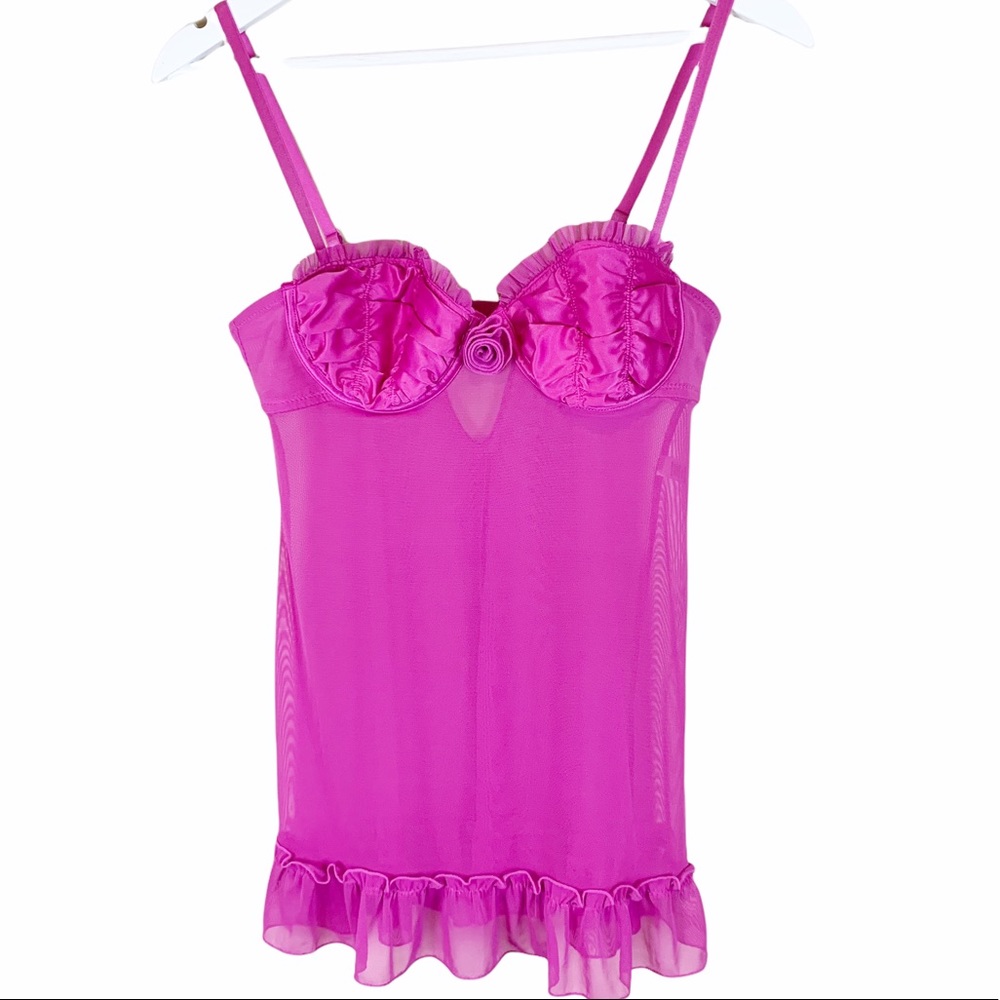 Flora Nikrooz Pink Ruffle Mesh Babydoll Chemise Lingerie S